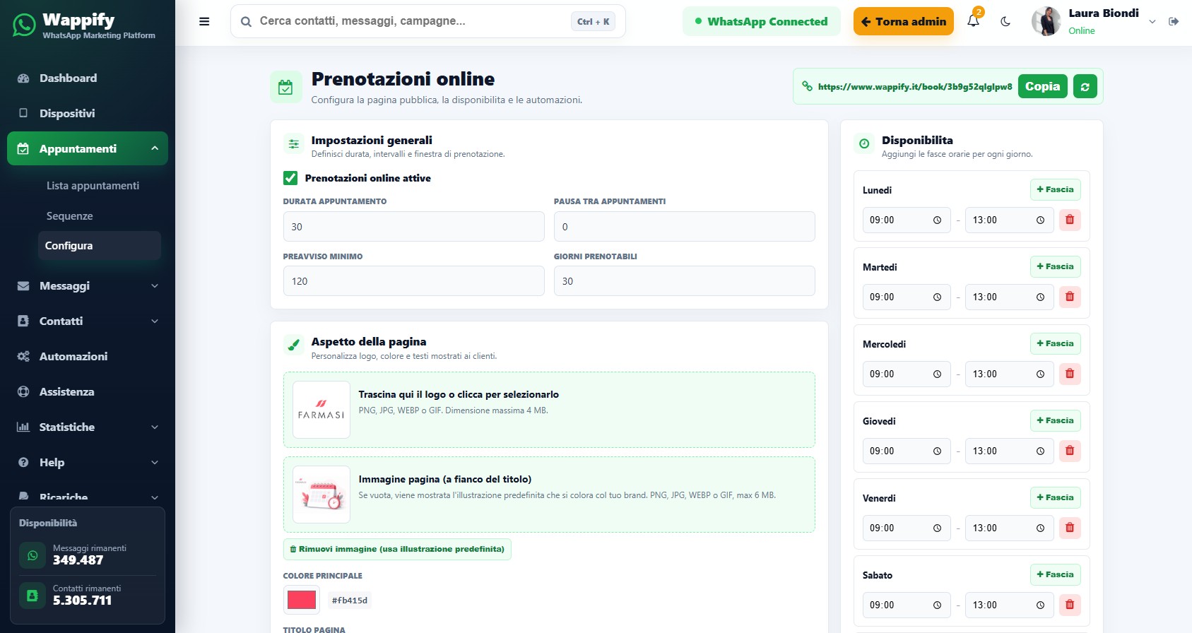 Configurazione appuntamenti online Wappify