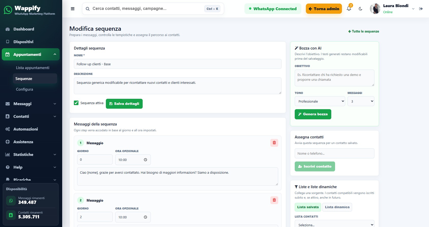 Sequenze automatiche di follow-up WhatsApp Wappify